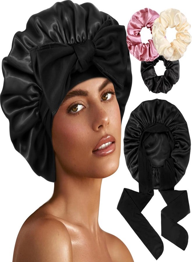 Heniho 1+3 Large Satin Bonnets with Scrunchies for Women, Double Layer Hair Bonnet Tie Bonnet for Sleeping Braids Curly Hair, B - Image 1